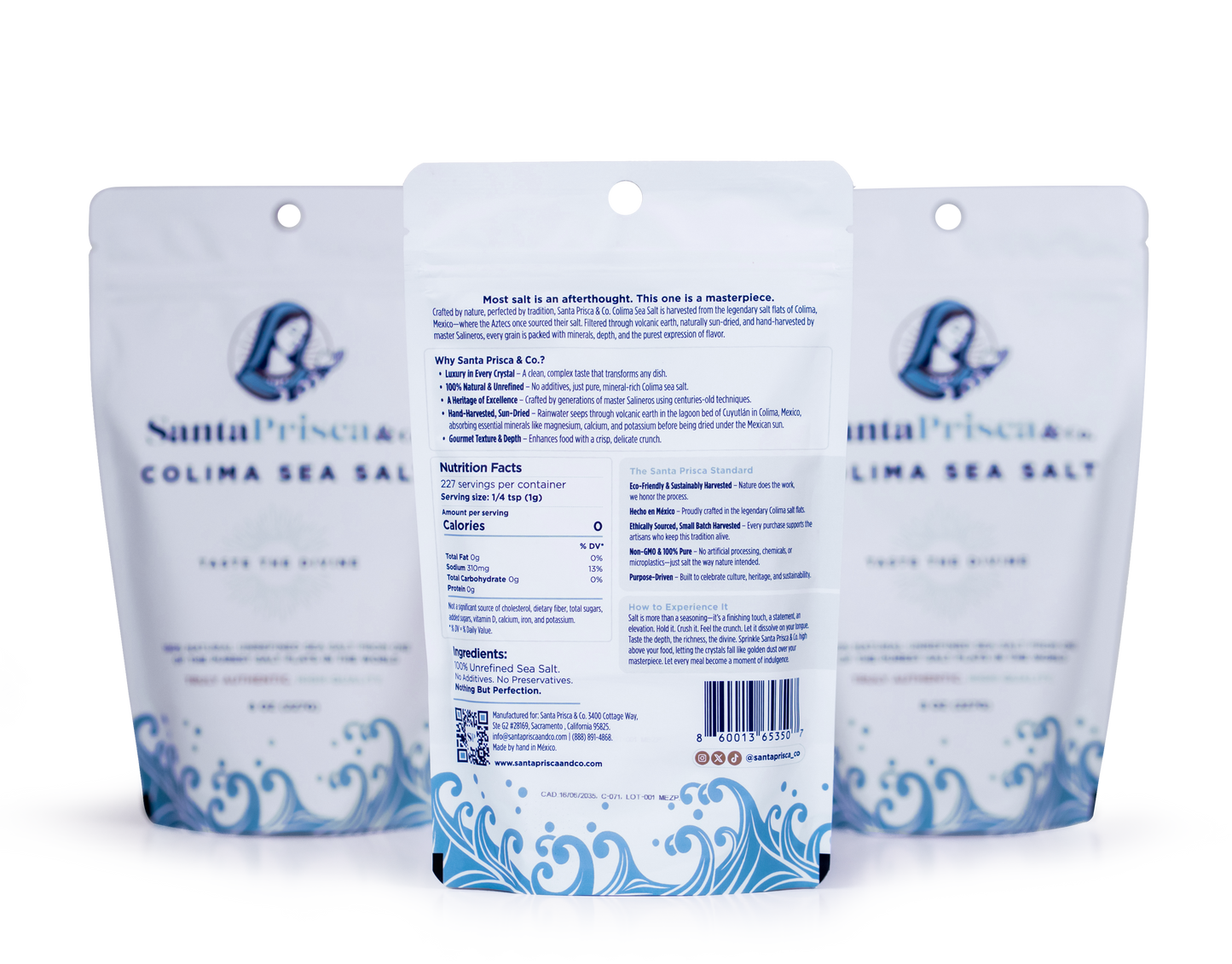 Front and back view of Santa Prisca & Co. Colima Sea Salt 8 oz packages