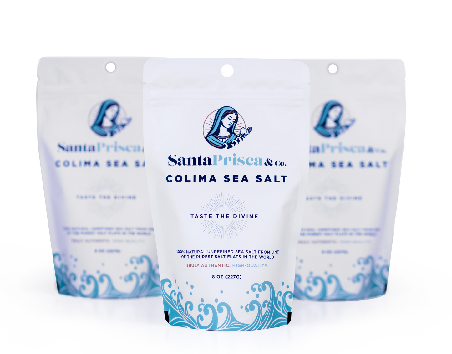 Three packages of Santa Prisca & Co. Colima Sea Salt with the center package in focus.