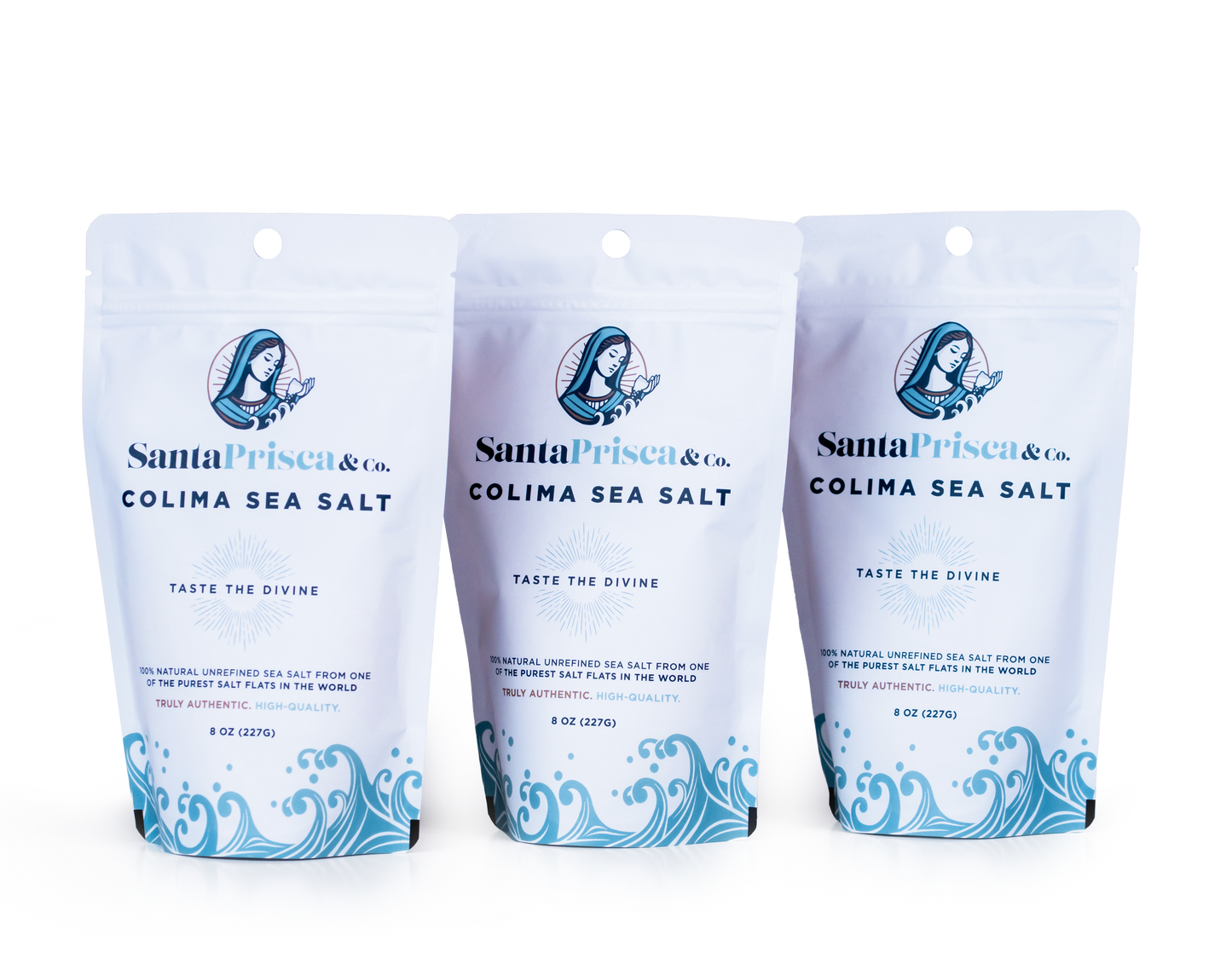 Three 8 oz packages of Santa Prisca & Co. Colima Sea Salt.