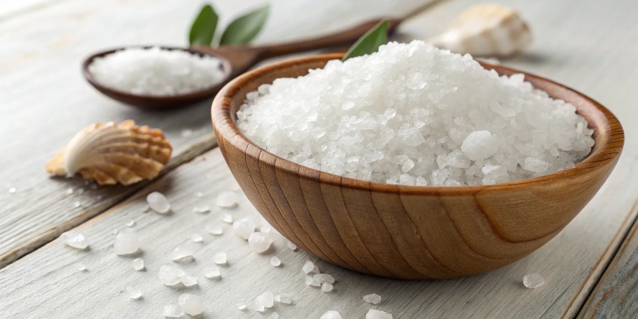 A wooden bowl of traditional hand harvested sea salt.