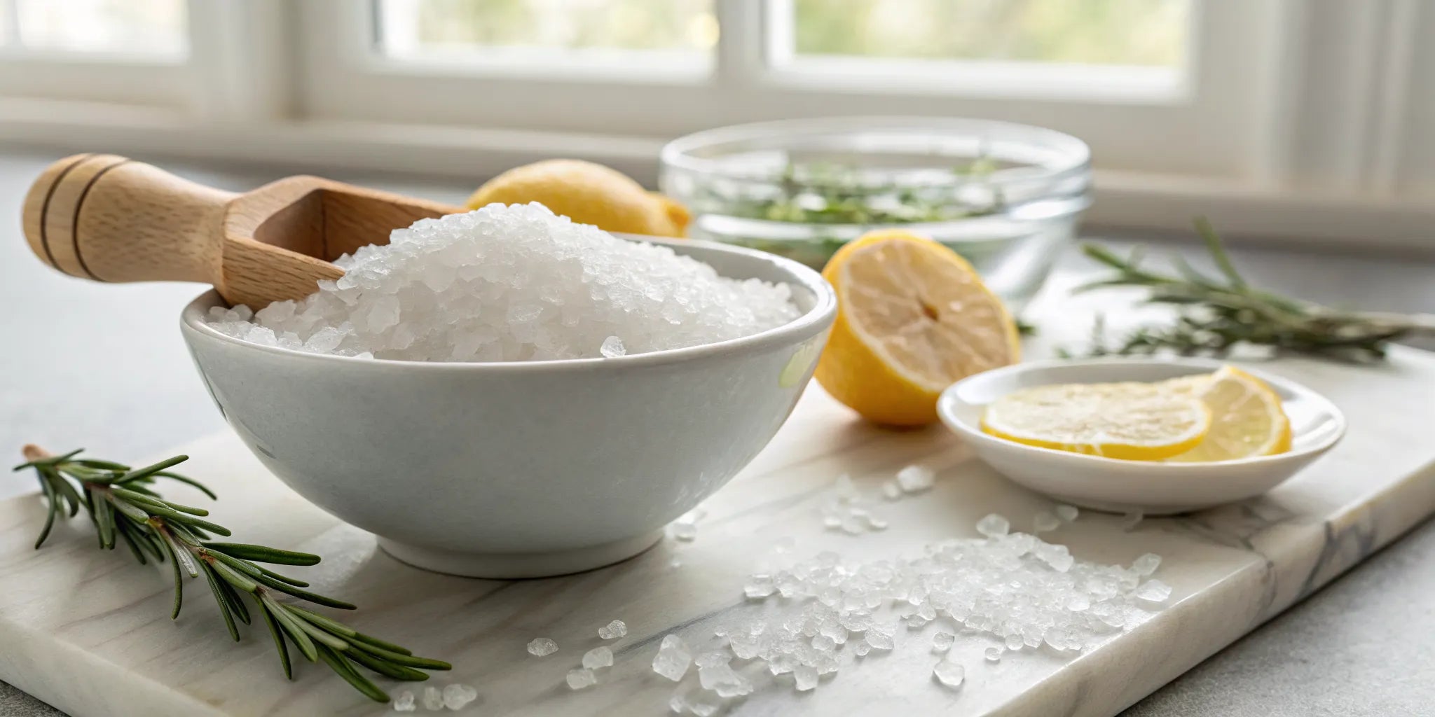 A bowl of coarse sun-dried sea salt, a source of minerals that offers health and flavor benefits.