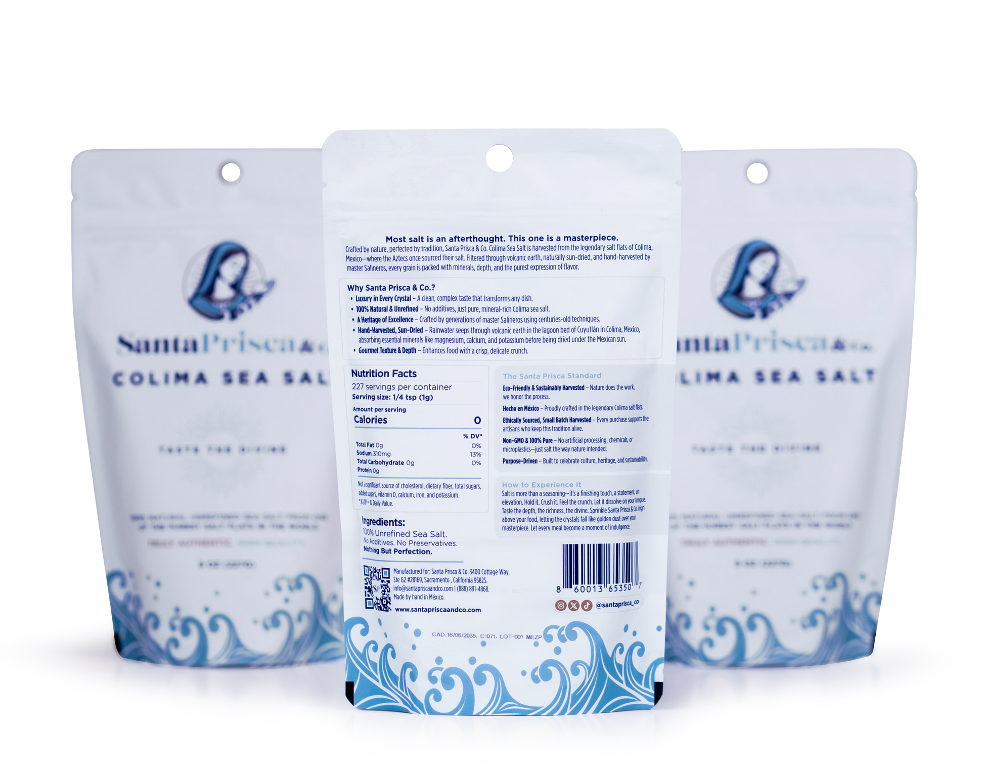 Front and back view of Santa Prisca & Co. Colima Sea Salt 8 oz packages